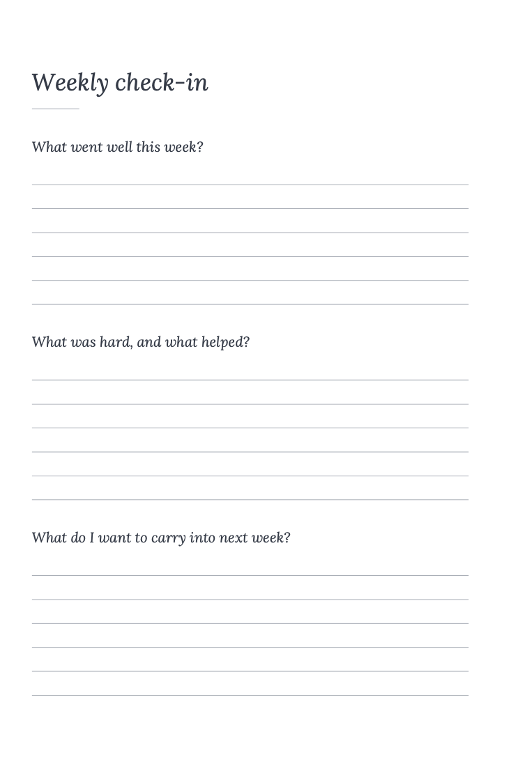 Weekly check-in page with three questions