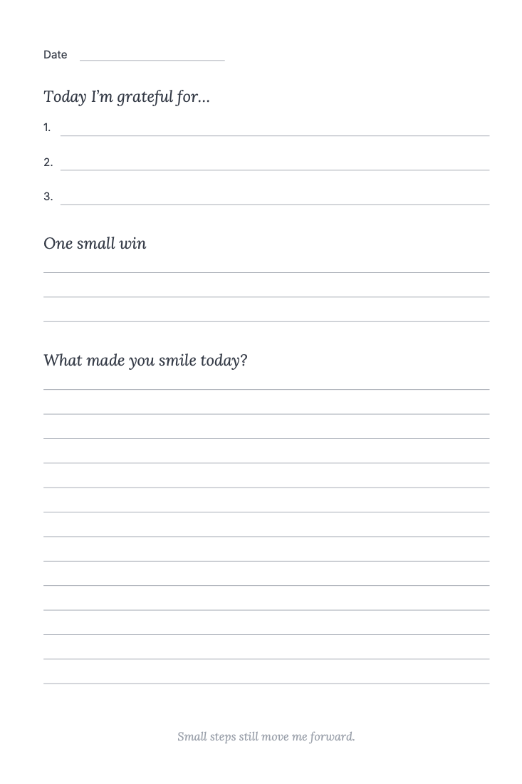 Gratitude page with three numbered lines and a daily prompt